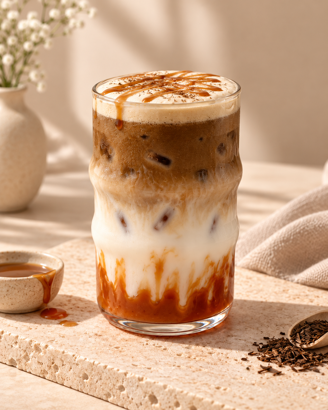 Iced Hojicha Caramel Latte Maison Zegzaw