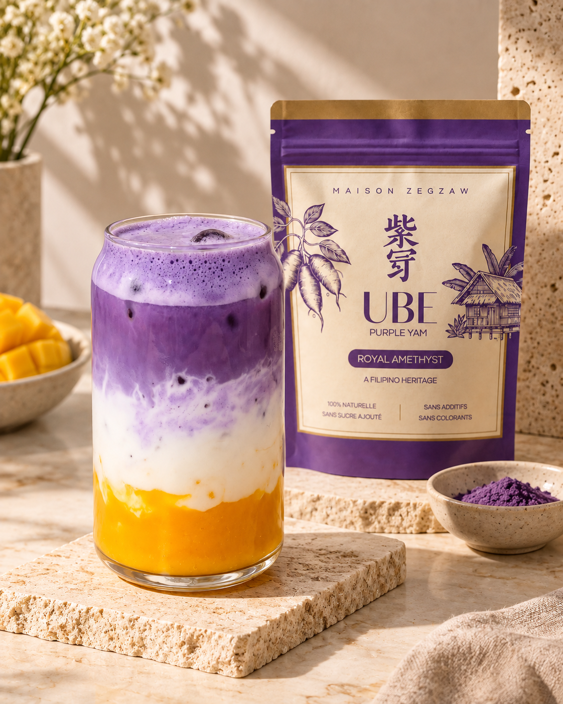 Latte Mangue Ube glacé Maison Zegzaw avec Royal Amethyst